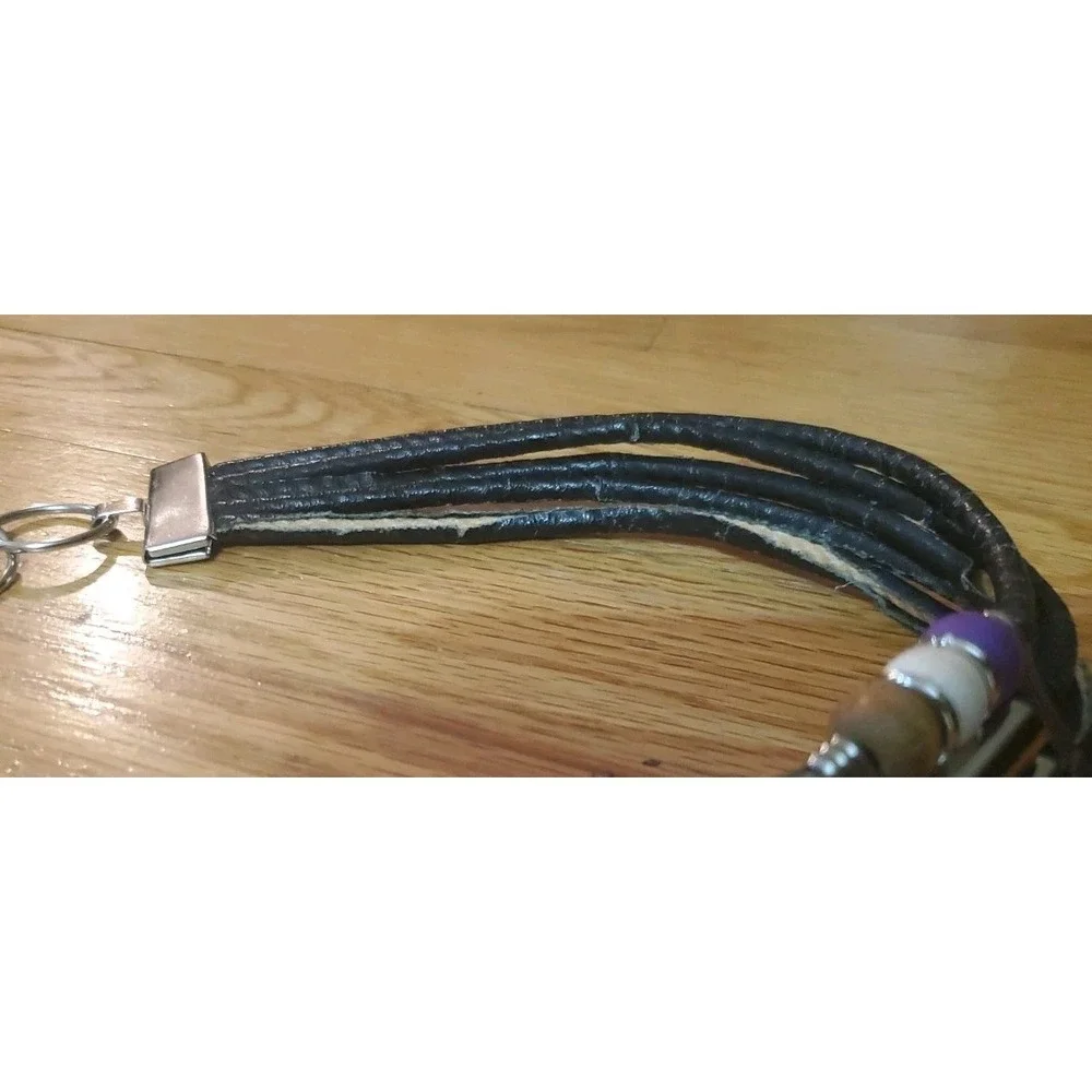 Black Leather &‎ Multi Color Wood and Plastic Beads Chain Belt Boho Hippie
